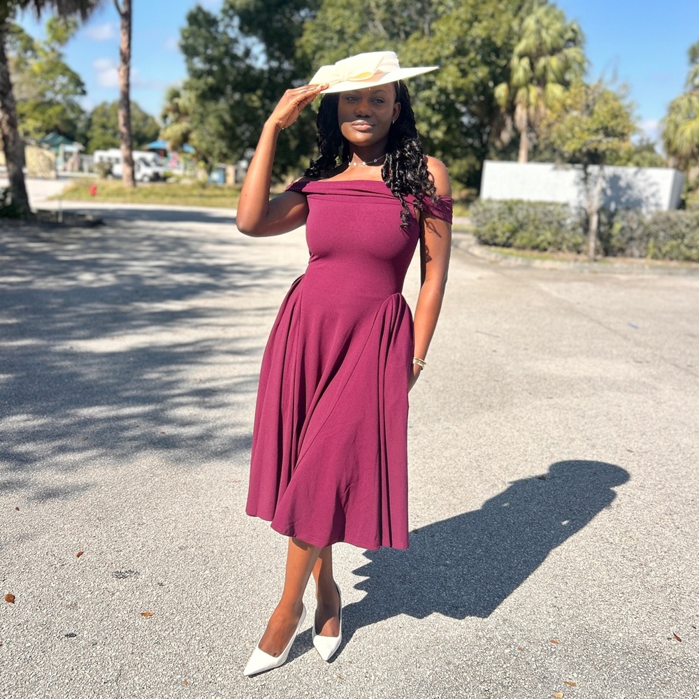 Fashion Nova Off-Shoulder Plum Midi Dress